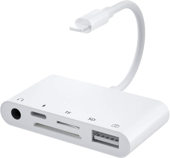 Lightning adapter 1 till 5 portar 1xUSB A 3.1 port 1x Lightning 1x 3,5 Audio 1xSD- och 1xTF kortläsare