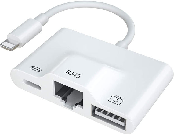Lightning adapter 1 till 3 portar 1x USB3,1 1x RJ45 10/100Mbps 1x Lightning för laddning