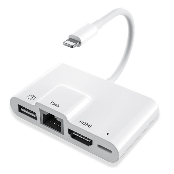 Lightning adapter 1 till 4 portar 1xHDMI 1x RJ4510/100Mbps 1xUSB A 3.1 och 1 x Lightning laddningsport