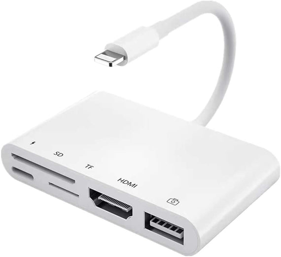 Lightning adapter 1 till 5 portar 1xHDMI 1x USB A 3,1 1x Lightning för laddning 1xTF och 1xSD kortläsare