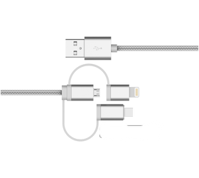 NÖRDIC 3 i 1 Laddningskabel USB A till 1x Non MFI Lightning, 1xUSB C och 1x Mikro USB, Space grey 1m