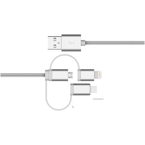 3 i 1 Laddningskabel USB A till 1x Non MFI Lightning, 1xUSB C och 1x Mikro USB, Space grey 1m