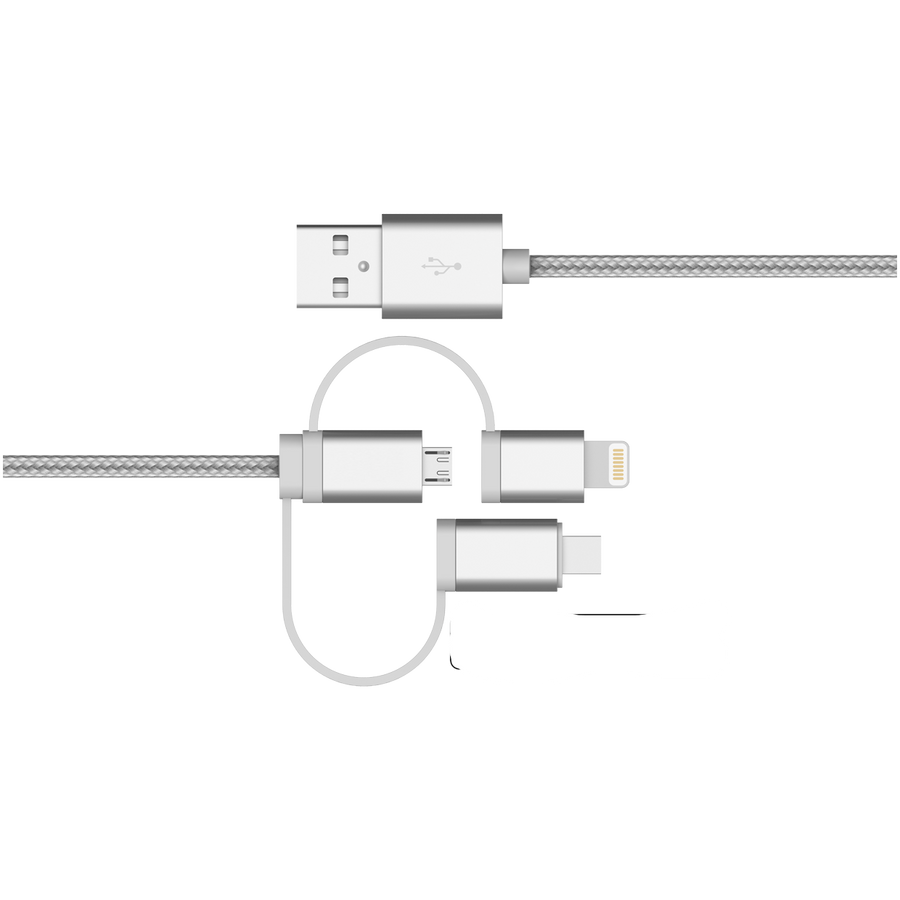 NÖRDIC 3 i 1 Laddningskabel USB A till 1x Non MFI Lightning, 1xUSB C och 1x Mikro USB, Space grey 1m