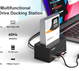 Maiwo USB-C Dockningsstation 2,5"/3,5" 2x SATA HDD SSD & SD/TF-minneskort, HDMI2.0 4K60Hz RJ45 GigaLan USB-A & USB-C 10Gbps