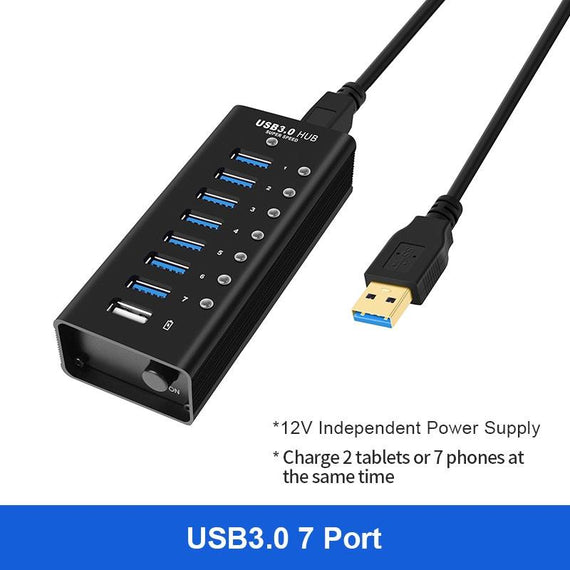 8-port powered hubb USB-A 3.0 5Gbps med  switch 1,2m kabel aluminium svart  med nätdel