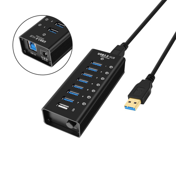 8-port powered hubb USB-A 3.0 5Gbps med  switch 1,2m kabel aluminium svart  med nätdel