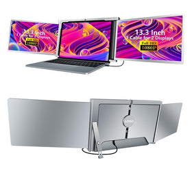 NÖRDIC Dubbla bärbara 13.3" skärmar med teleskopstativ för bärbar dator 13"-17", FHD 1080P, Mac/Windows, USB-C och USB-A-anslutning