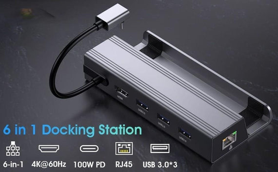 Steam Deck dockningsstation 1 till 6 - 1xHDMI4K60Hz, 1xUSB-C PD100W, 3xUSB-A 3.1 5Gbps, 1xRJ45 GigaLAN