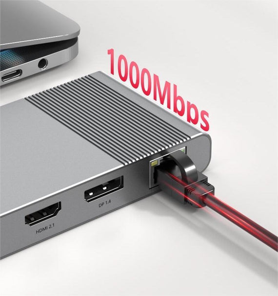 USB-C 1 to 12 Dockning station 1xDP 8K30Hz 1xHDMI 8K30Hz 1xRJ45 GigaLan 1xUSB-C PD100W 3xUSB 10G 1xUSB 5G 1xSD 1XMicroSD  1x3.5mm stereo