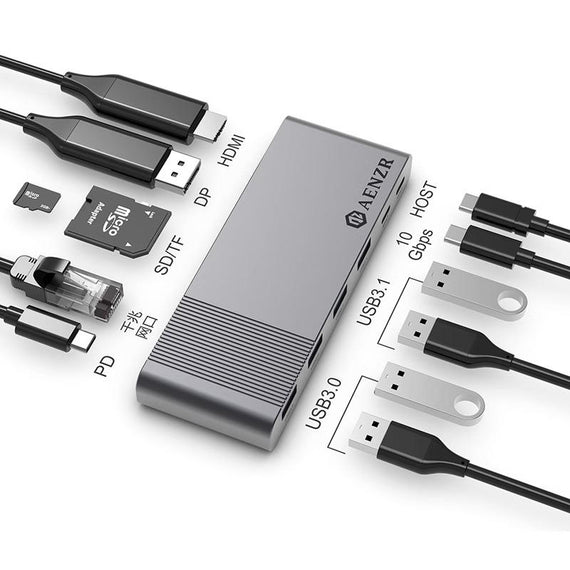 USB-C 1 to 12 Dockning station 1xDP 8K30Hz 1xHDMI 8K30Hz 1xRJ45 GigaLan 1xUSB-C PD100W 3xUSB 10G 1xUSB 5G 1xSD 1XMicroSD  1x3.5mm stereo
