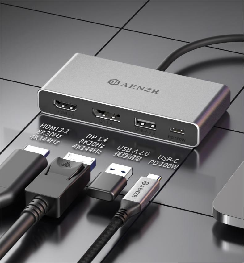 USB-C 1 to 4 Docking station 1xDP8K30Hz 1xHDMI8K30Hz 1xUSB-C PD 100W 1xUSB-A 2.0