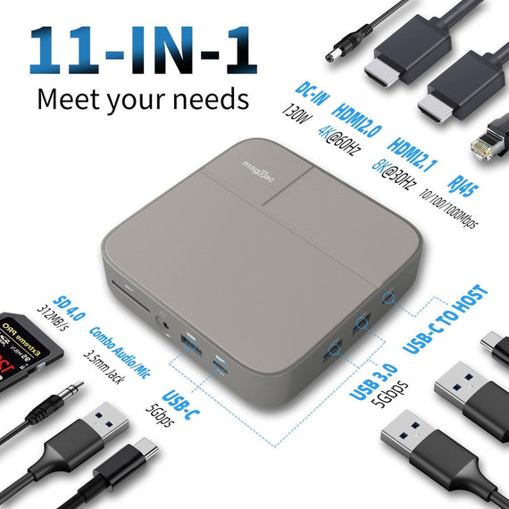 USB-C dockningsstation 1 till 10 1x8K30Hz HDMI 1x4K60Hz HDMI 1xUSBC PD 100W 1xUSB-C 5Gbps 3xUSB-A 5Gbps 1xSD 1xMicroSD 1x3.5mm audio