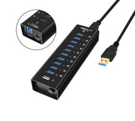 NÖRDIC powered 11-ports USB 3.0 HUB med individuell switch 5Gbps 1,2mm kabel aluminium svart med nätdel