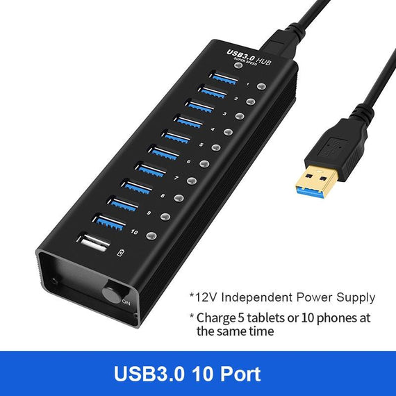 powered 11-ports USB 3.0 HUB med individuell switch 5Gbps 1,2mm kabel aluminium svart med nätdel