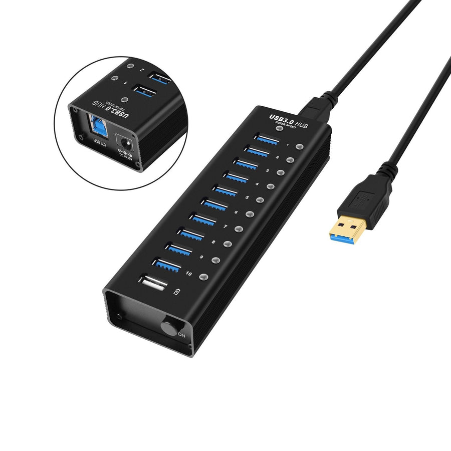 NÖRDIC powered 11-ports USB 3.0 HUB med individuell switch 5Gbps 1,2mm kabel aluminium svart med nätdel