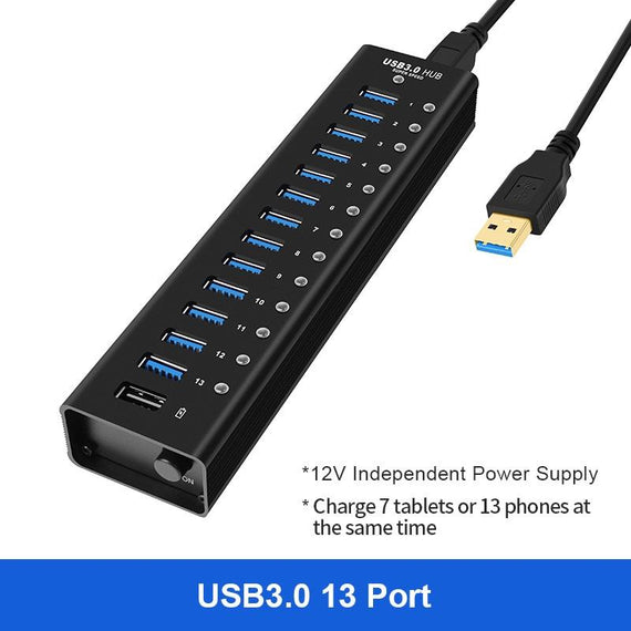 powered 14-ports USB 3.0 HUB med individuell switch 5Gbps 1,2mm kabel aluminium svart med nätdel