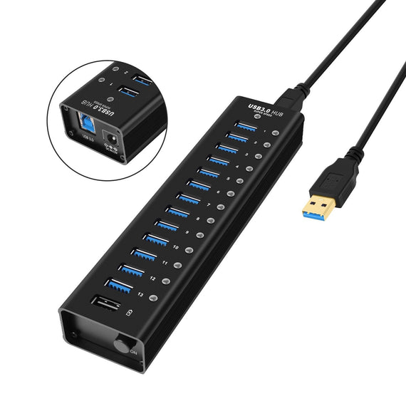 powered 14-ports USB 3.0 HUB med individuell switch 5Gbps 1,2mm kabel aluminium svart med nätdel