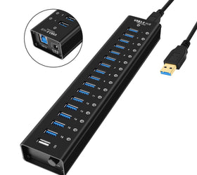 NÖRDIC powered 17-ports USB 3.0 HUB med individuell switch 5Gbps 1,2mm kabel aluminium svart med nätdel