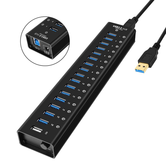 powered 17-ports USB 3.0 HUB med individuell switch 5Gbps 1,2mm kabel aluminium svart med nätdel