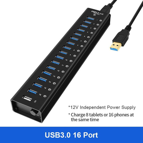 powered 17-ports USB 3.0 HUB med individuell switch 5Gbps 1,2mm kabel aluminium svart med nätdel