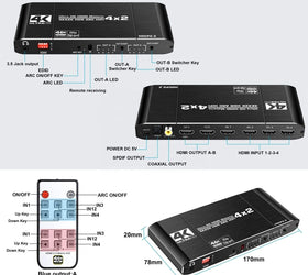 NÖRDIC HDMI matrix Switch 4 till 2 med Audio Extractor och ARC, 4Kx2K i 60Hz, YUV 4:4:4 18Gbps HDCP 2.2, 5.1 Surround, Metal