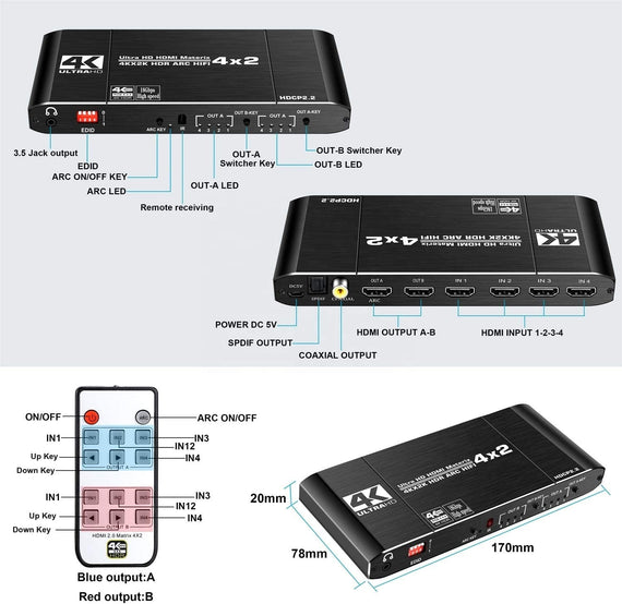 HDMI matrix Switch 4 till 2 med Audio Extractor och ARC, 4Kx2K i 60Hz, YUV 4:4:4 18Gbps HDCP 2.2, 5.1 Surround, Metal