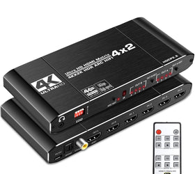 NÖRDIC HDMI matrix Switch 4 till 2 med Audio Extractor och ARC, 4Kx2K i 60Hz, YUV 4:4:4 18Gbps HDCP 2.2, 5.1 Surround, Metal