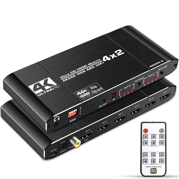 HDMI matrix Switch 4 till 2 med Audio Extractor och ARC, 4Kx2K i 60Hz, YUV 4:4:4 18Gbps HDCP 2.2, 5.1 Surround, Metal