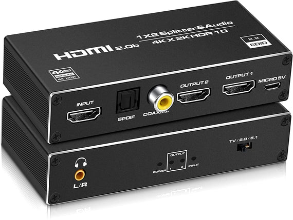 HDMI splitter 1 till 2 med Audio Extractor 4K60Hz HDCP2.3 HDR10 Toslink SPDIF+Coaxial+3,5mm audio