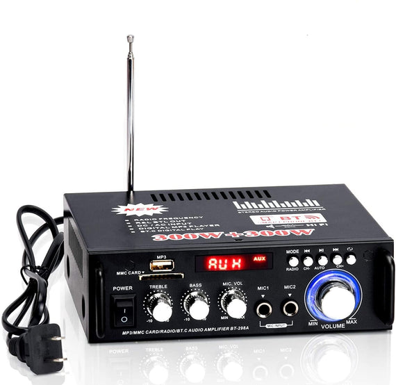 Bluetooth 5.0 Stereo amplifier 2x40W AUX/USB/BT Audio förstärkare med FM mottagare, 2xMIC input