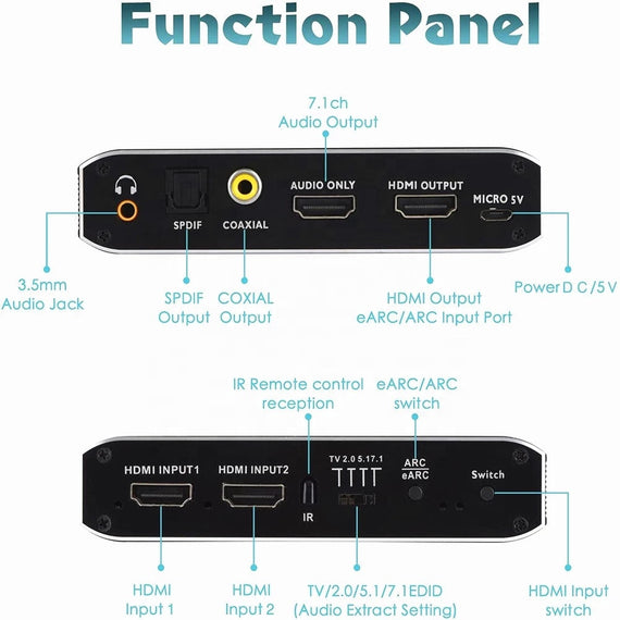 4K 60Hz HDMI switch 2 till 1 med audio extractor Toslink HDR HDCP2:3 ARC/eARC 7.1 audio