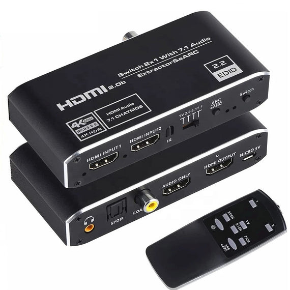4K 60Hz HDMI switch 2 till 1 med audio extractor Toslink HDR HDCP2:3 ARC/eARC 7.1 audio