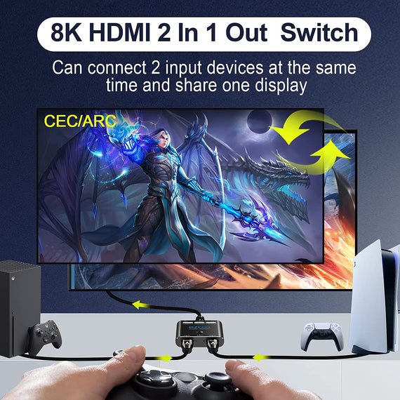 HDMI switch 2 till 1 8K60Hz 4K120Hz 48Gbps HDR HDCP2.3 Surround 7.1 CEC