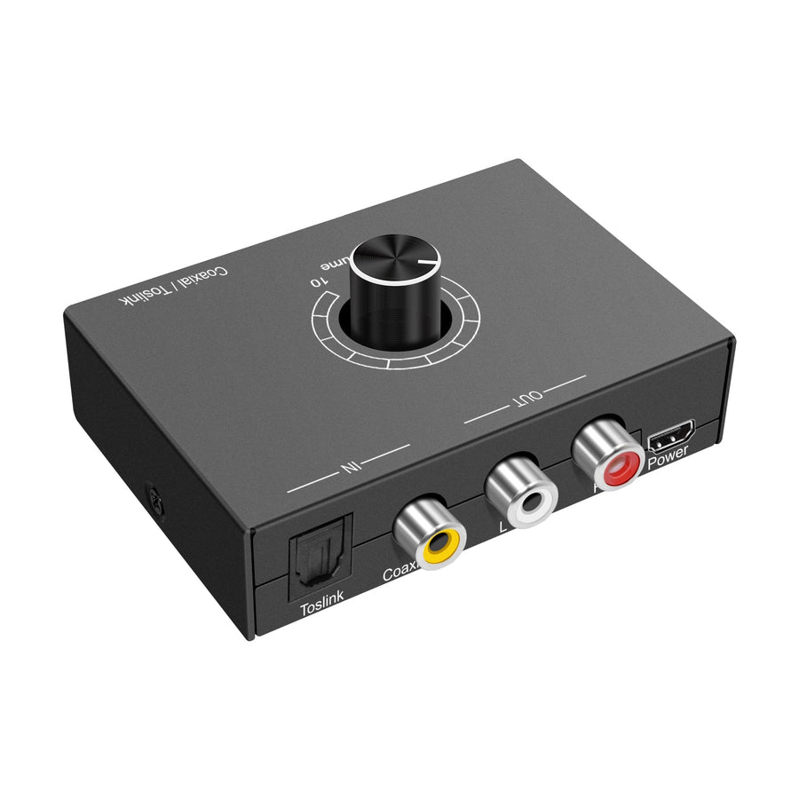 Digital till Analog ljudomvandlare, Toslink och Coaxial till RCA L/R och headphone med volymkontrol metal DAC D/A omvandlare konvertor