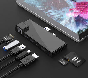 NÖRDIC USB 7-Port dockningstation för MicroSoft Surface Pro7 1xHDMI4k30Hz 2xUSB-A 5Gbps 1xUSB-C PD87W 1xRJ45 LAN och 1xTF och 1xSD