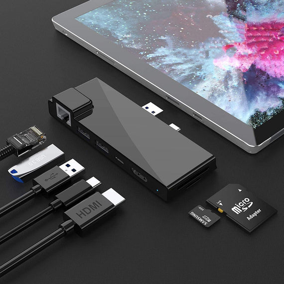 USB 7-Port dockningstation för MicroSoft Surface Pro7 1xHDMI4k30Hz 2xUSB-A 5Gbps 1xUSB-C PD87W 1xRJ45 LAN och 1xTF och 1xSD