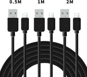 NÖRDIC Kabelkit  3-pack 0,5m+1m+2m Lightning (Non MFI) till USB A 2.0 480Mbps 2,4A svart för Iphone och Ipad