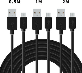 Kabelkit  3-pack 0,5m+1m+2m USB A-2.0 till Micro B 480Mbps 2,4A svart för Anfroid mobiler och surfplattor