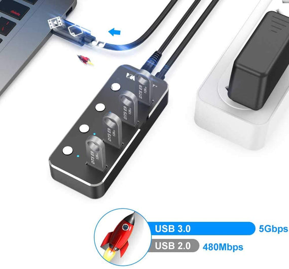 powered 4-ports hubb USB-C 3.0 5Gbps med individuell switch 25cm kabel aluminium svart med nätdel