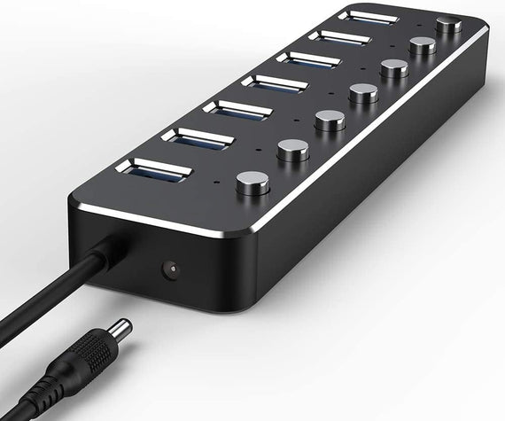powered 7-ports USB-C 3.0 HUB med individuell switch 5Gbps 25cm kabel aluminium svart med nätdel