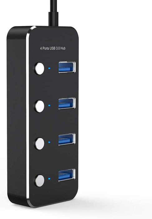 4-ports hubb USB 3.0 5Gbps med individuell switch 25cm kabel aluminium svart