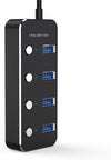 powered 4-ports hubb USB 3.0 5Gbps med individuell switch 25cm kabel aluminium svart med nätdel