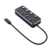 powered 4-ports hubb USB 3.0 5Gbps med individuell switch 25cm kabel aluminium svart med nätdel