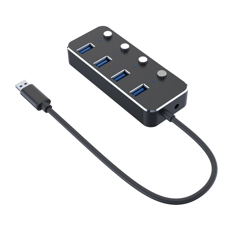 powered 4-ports hubb USB 3.0 5Gbps med individuell switch 25cm kabel aluminium svart med nätdel