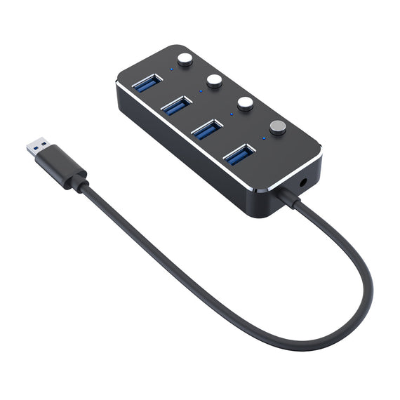 4-ports hubb USB 3.0 5Gbps med individuell switch 25cm kabel aluminium svart