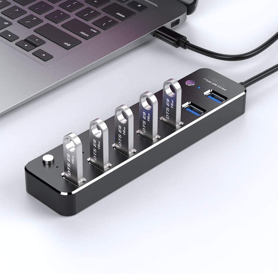 7-port hubb USB-C 3.0 5Gbps med individuell switch 25cm kabel svart aluminium
