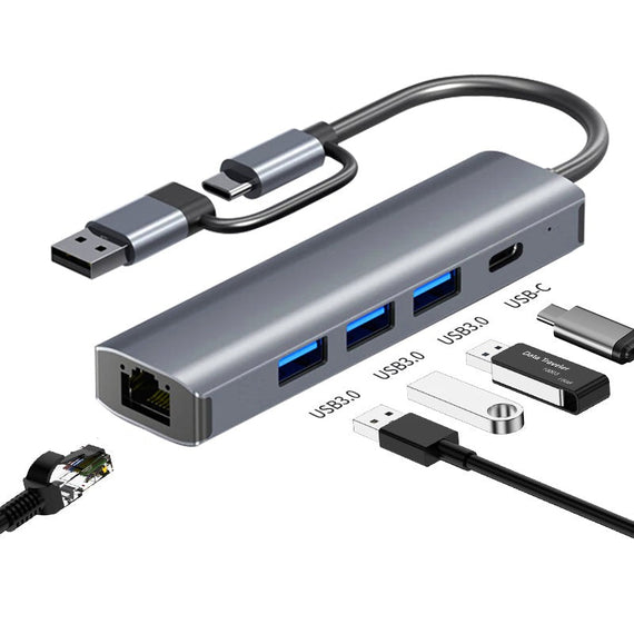USB Hubb USB-C eller A till 3xUSB-A 3.0 1xUSB-C 5Gbps 1xRJ45 Giga LAN