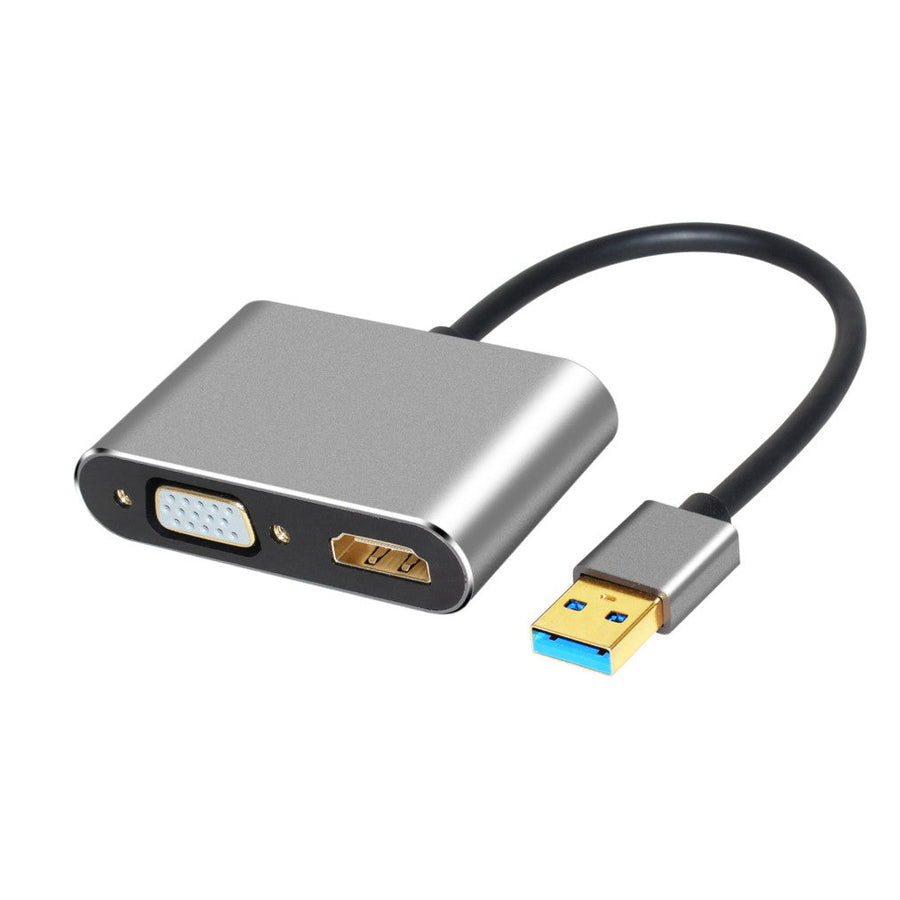 NÖRDIC USB A till HDMI 1080P och VGA 1080P Stöd för dubbla monitorer Mirror och Extended Mode 10cm kabel Aluminium Space Grey