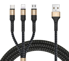 Multiladdare kabel 1 till 3 USB A till Micro USB, Non MFI Lightning och USB C 1,2m Max 3A