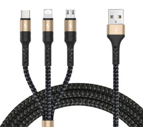 NÖRDIC Multiladdare kabel 1 till 3 USB A till Micro USB, Non MFI Lightning och USB C 1,2m Max 3A
